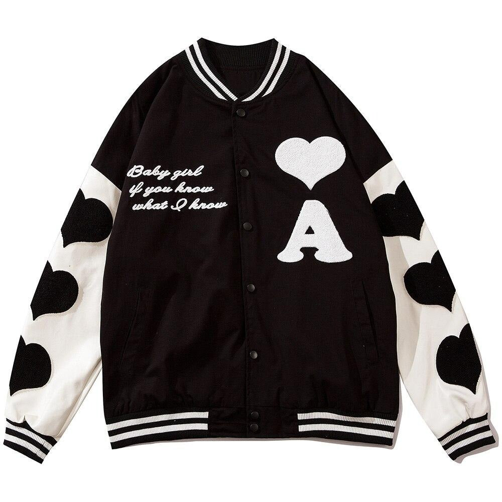 Baseball Jacket Men Leather Patchwork Furry Heart Patch Baggy Harajuku High Street Fashion All-match Bomber Coat Autumn