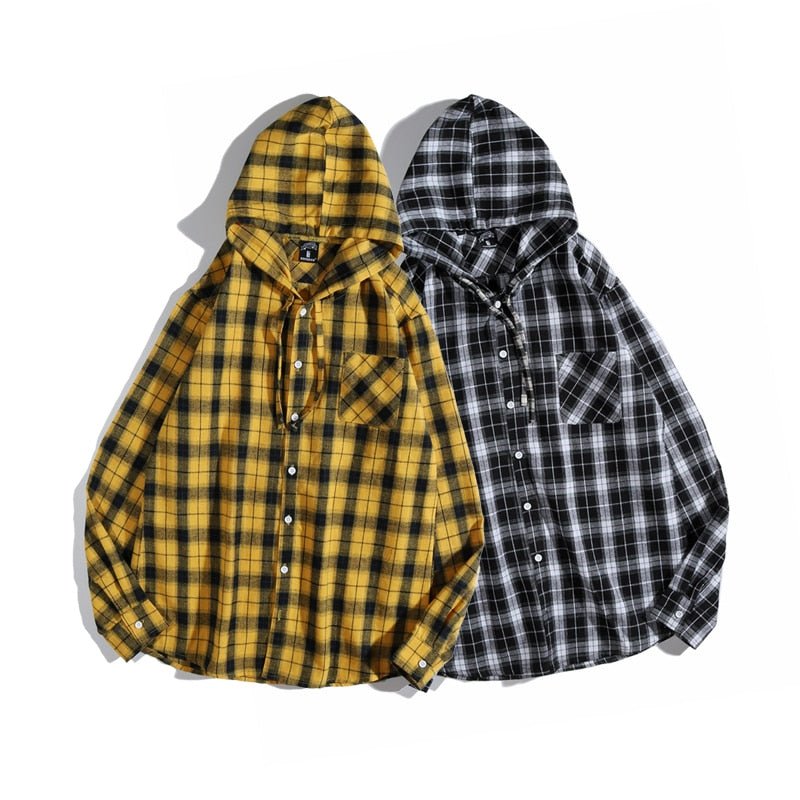 Casual Streetwear Yellow Plaid Shirt Hip Hop Men Hoodies Shirt Long Sleeve Cotton Men Clothing Camisa Masculina