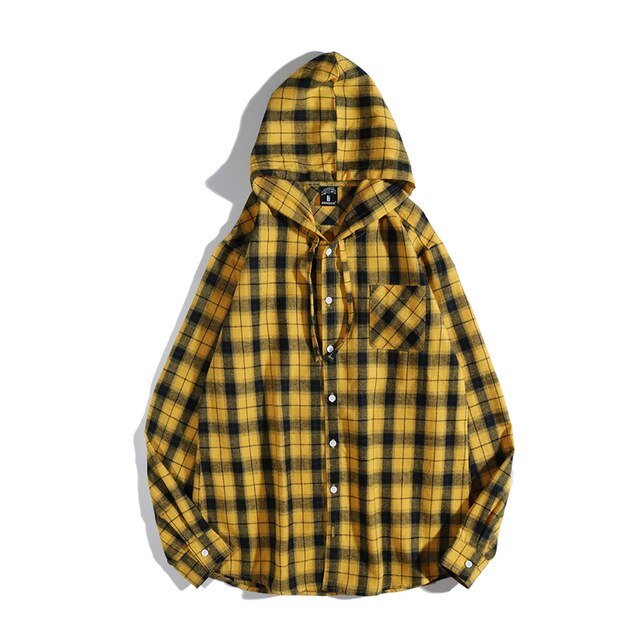 Casual Streetwear Yellow Plaid Shirt Hip Hop Men Hoodies Shirt Long Sleeve Cotton Men Clothing Camisa Masculina