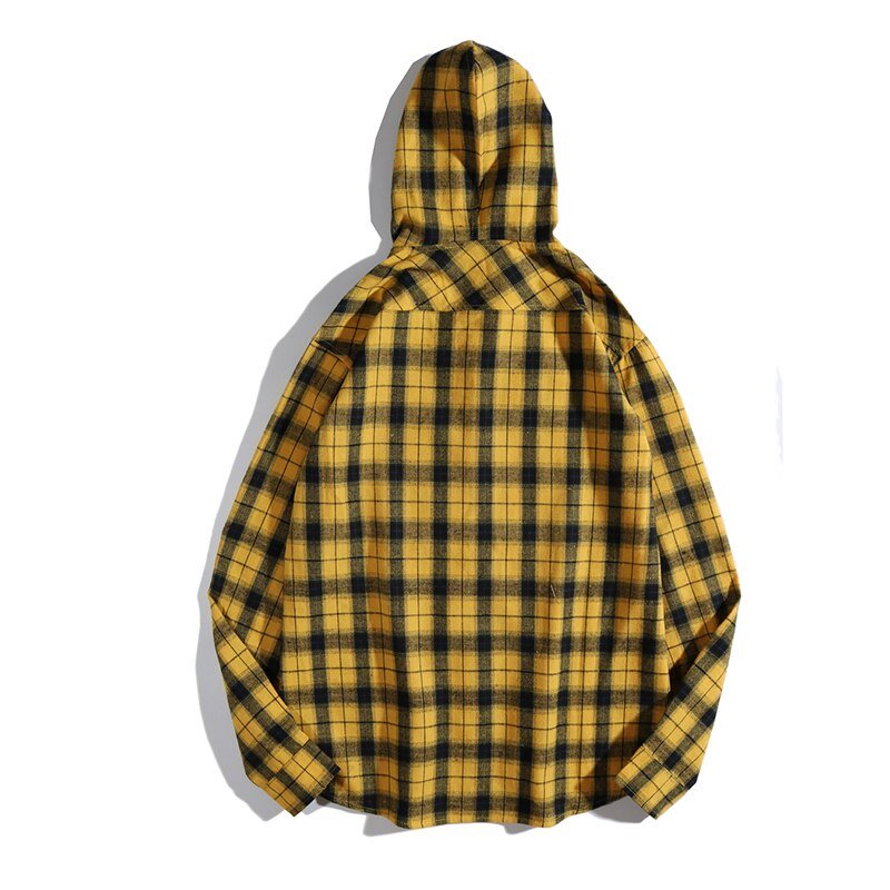 Casual Streetwear Yellow Plaid Shirt Hip Hop Men Hoodies Shirt Long Sleeve Cotton Men Clothing Camisa Masculina