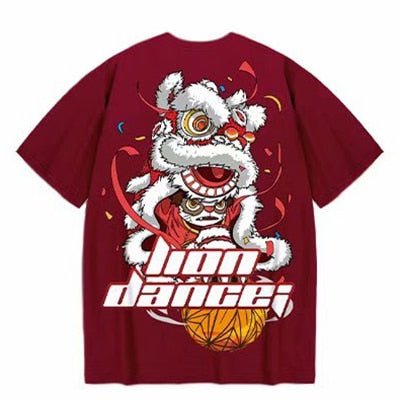 Cotton T-shirt Lion Dance Print Tide brand Hip Hop short sleeve Tee Chinese style man Summer street Fashion Casual top