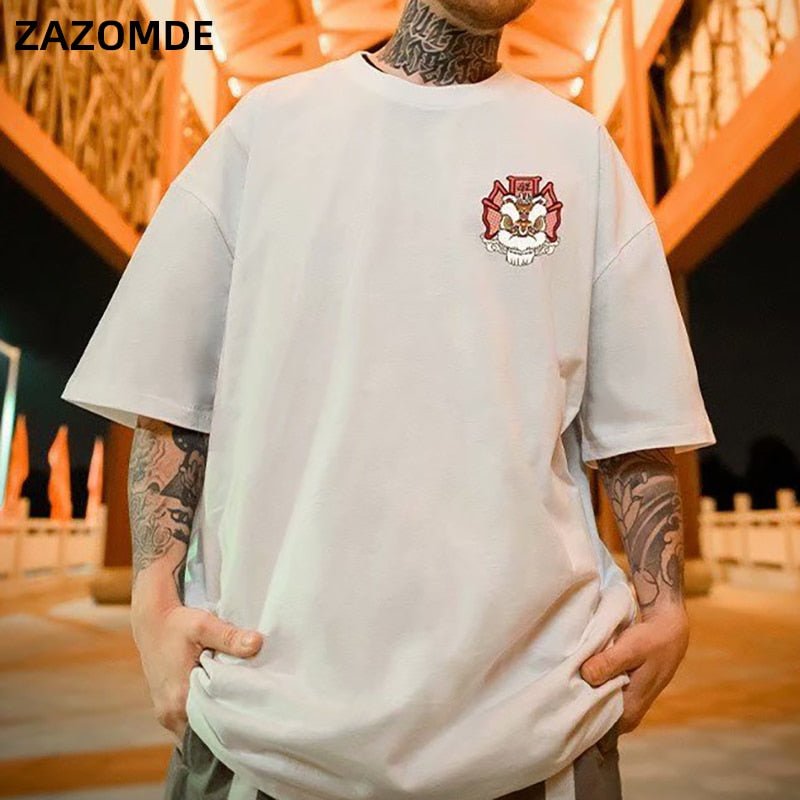 Cotton T-shirt Lion Dance Print Tide brand Hip Hop short sleeve Tee Chinese style man Summer street Fashion Casual top