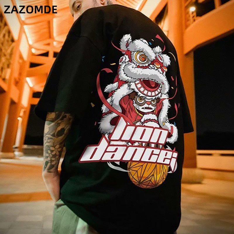 Cotton T-shirt Lion Dance Print Tide brand Hip Hop short sleeve Tee Chinese style man Summer street Fashion Casual top