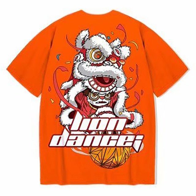 Cotton T-shirt Lion Dance Print Tide brand Hip Hop short sleeve Tee Chinese style man Summer street Fashion Casual top