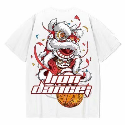 Cotton T-shirt Lion Dance Print Tide brand Hip Hop short sleeve Tee Chinese style man Summer street Fashion Casual top