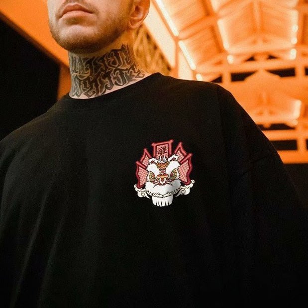 Cotton T-shirt Lion Dance Print Tide brand Hip Hop short sleeve Tee Chinese style man Summer street Fashion Casual top