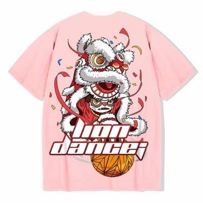 Cotton T-shirt Lion Dance Print Tide brand Hip Hop short sleeve Tee Chinese style man Summer street Fashion Casual top