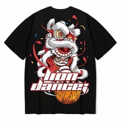 Cotton T-shirt Lion Dance Print Tide brand Hip Hop short sleeve Tee Chinese style man Summer street Fashion Casual top