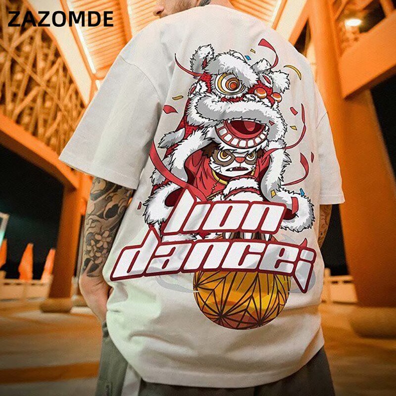 Cotton T-shirt Lion Dance Print Tide brand Hip Hop short sleeve Tee Chinese style man Summer street Fashion Casual top
