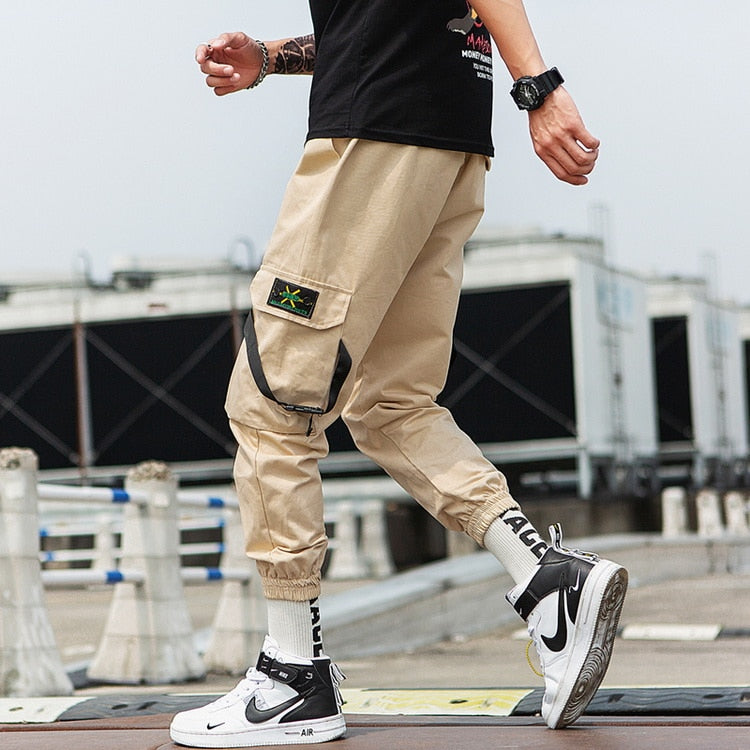 Streetwear Ribbons Casual Pants Men Black Slim Mens Joggers Pants Side-pockets Cotton Camouflage Man Trousers