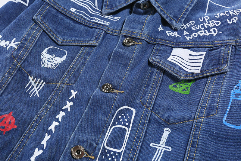 Hip Hop Fashion Printed Jeans Jacket Men  Autumn Winter Streetwear Denim Jackets Coats Cowboy Jacket Jaqueta masculina