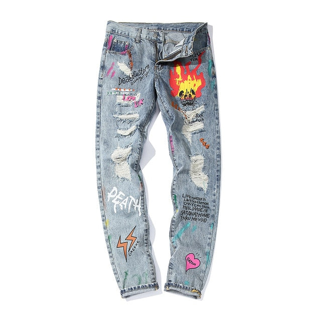 Hip Hop Streetwear Ripped Slim Fit Jeans Skinny Jeans Japan Graffiti Flame Skeleton Print Men Jogger Denim Pants