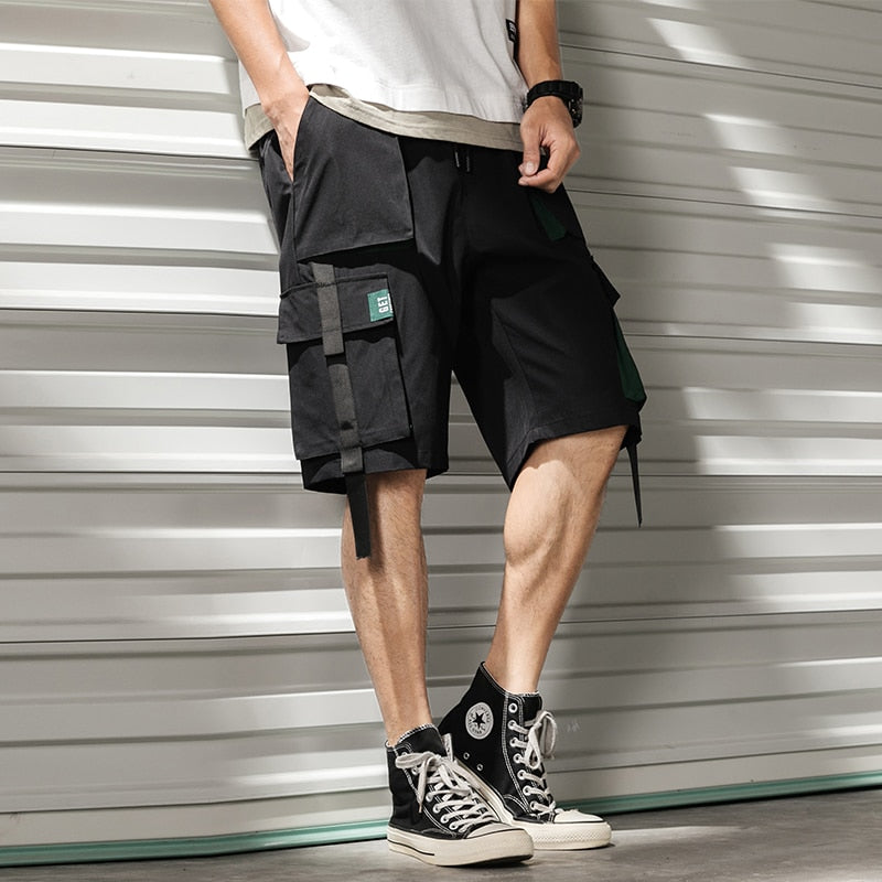 Streetwear Summer Casual Shorts Men Fashion Ribbons Pockets Cargo Shorts Bermuda Solid Hip Hop Men's Shorts