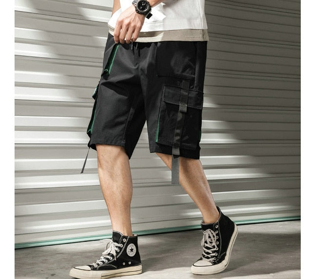 Streetwear Summer Casual Shorts Men Fashion Ribbons Pockets Cargo Shorts Bermuda Solid Hip Hop Men's Shorts