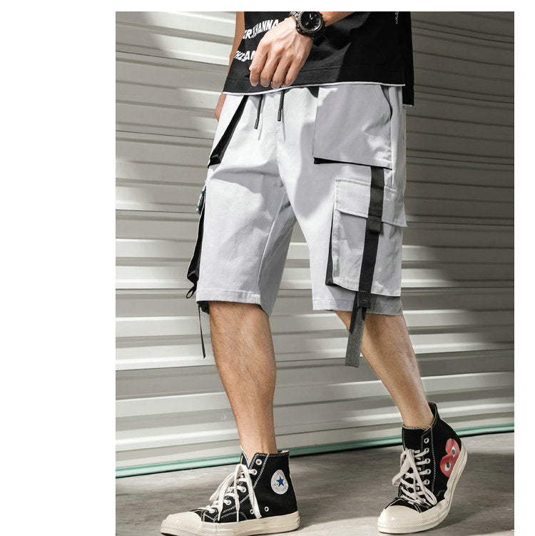 Streetwear Summer Casual Shorts Men Fashion Ribbons Pockets Cargo Shorts Bermuda Solid Hip Hop Men's Shorts