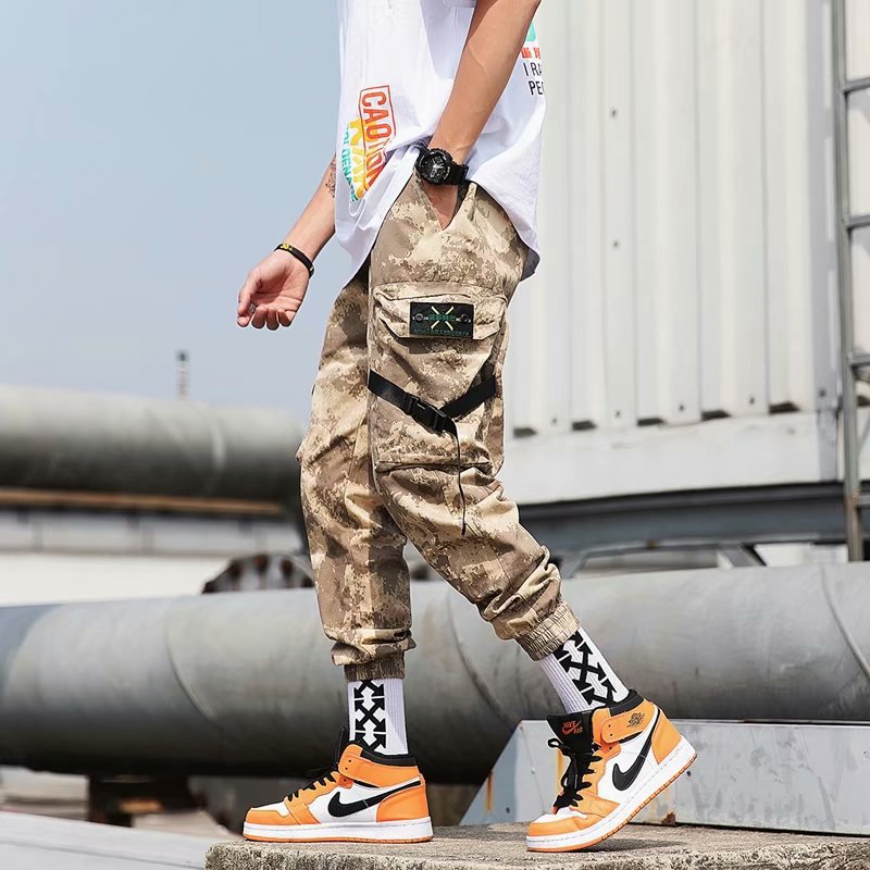 Streetwear Ribbons Casual Pants Men Black Slim Mens Joggers Pants Side-pockets Cotton Camouflage Man Trousers