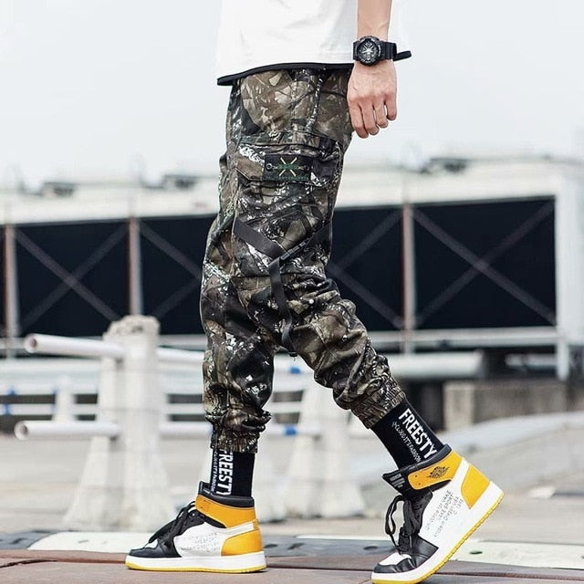Streetwear Ribbons Casual Pants Men Black Slim Mens Joggers Pants Side-pockets Cotton Camouflage Man Trousers