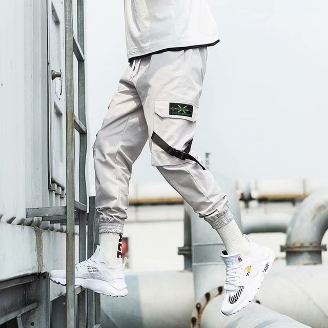 Streetwear Ribbons Casual Pants Men Black Slim Mens Joggers Pants Side-pockets Cotton Camouflage Man Trousers