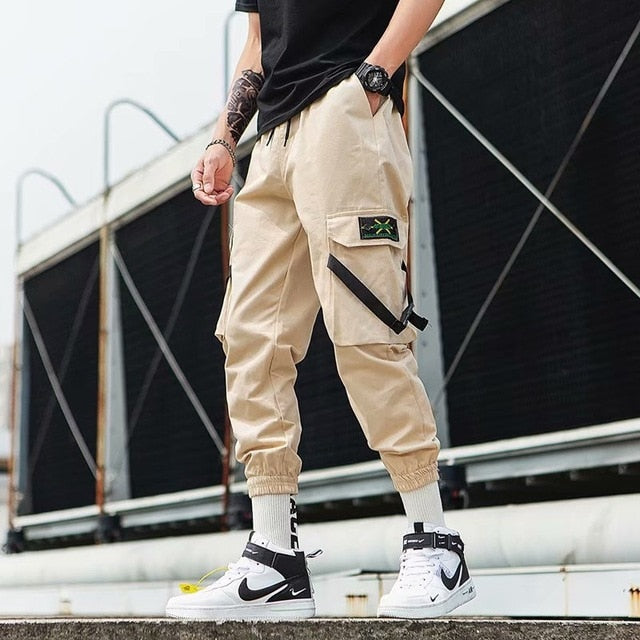 Streetwear Ribbons Casual Pants Men Black Slim Mens Joggers Pants Side-pockets Cotton Camouflage Man Trousers