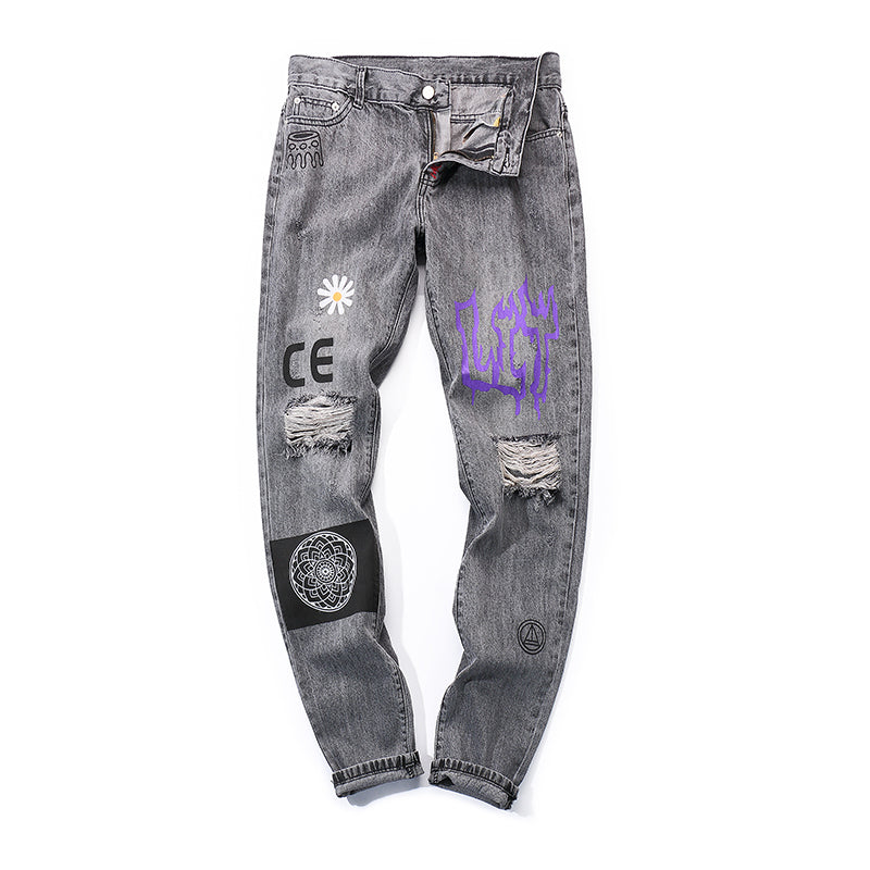 Hip Hop Men Jogger Denim Pants Skinny Washed Distressed Jeans Graffiti Print Streetwear Destroyed Ripped Jeans