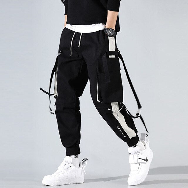 Men Hip Hop Black Cargo Pants joggers Sweatpants Multi-pocket Ribbons men's sports pants streetwear casual men's casual pants