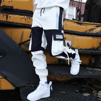 Men Hip Hop Black Cargo Pants joggers Sweatpants Multi-pocket Ribbons men's sports pants streetwear casual men's casual pants