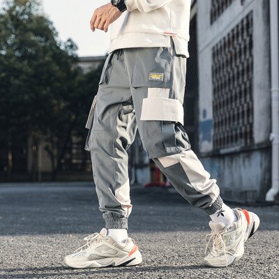 Men Hip Hop Black Cargo Pants joggers Sweatpants Multi-pocket Ribbons men's sports pants streetwear casual men's casual pants