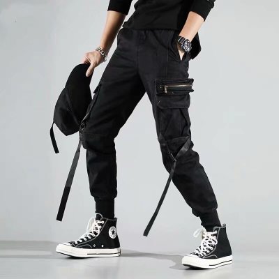 Men Hip Hop Black Cargo Pants joggers Sweatpants Multi-pocket Ribbons men's sports pants streetwear casual men's casual pants