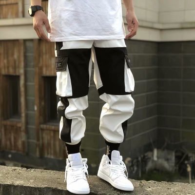 Men Hip Hop Black Cargo Pants joggers Sweatpants Multi-pocket Ribbons men's sports pants streetwear casual men's casual pants
