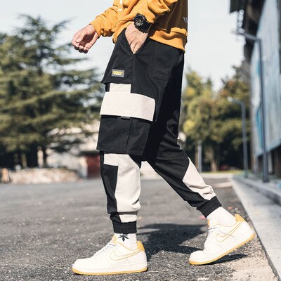 Men Hip Hop Black Cargo Pants joggers Sweatpants Multi-pocket Ribbons men's sports pants streetwear casual men's casual pants