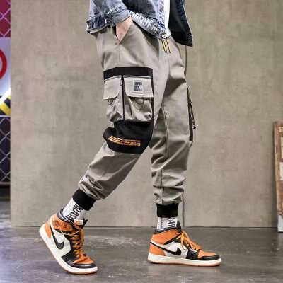 Men Hip Hop Black Cargo Pants joggers Sweatpants Multi-pocket Ribbons men's sports pants streetwear casual men's casual pants