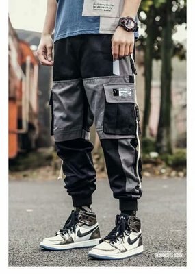 Men Hip Hop Black Cargo Pants joggers Sweatpants Multi-pocket Ribbons men's sports pants streetwear casual men's casual pants