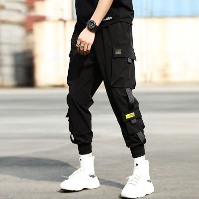 Men Hip Hop Black Cargo Pants joggers Sweatpants Multi-pocket Ribbons men's sports pants streetwear casual men's casual pants