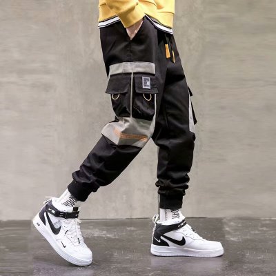 Men Hip Hop Black Cargo Pants joggers Sweatpants Multi-pocket Ribbons men's sports pants streetwear casual men's casual pants