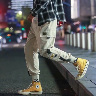 Men Hip Hop Black Cargo Pants joggers Sweatpants Multi-pocket Ribbons men's sports pants streetwear casual men's casual pants