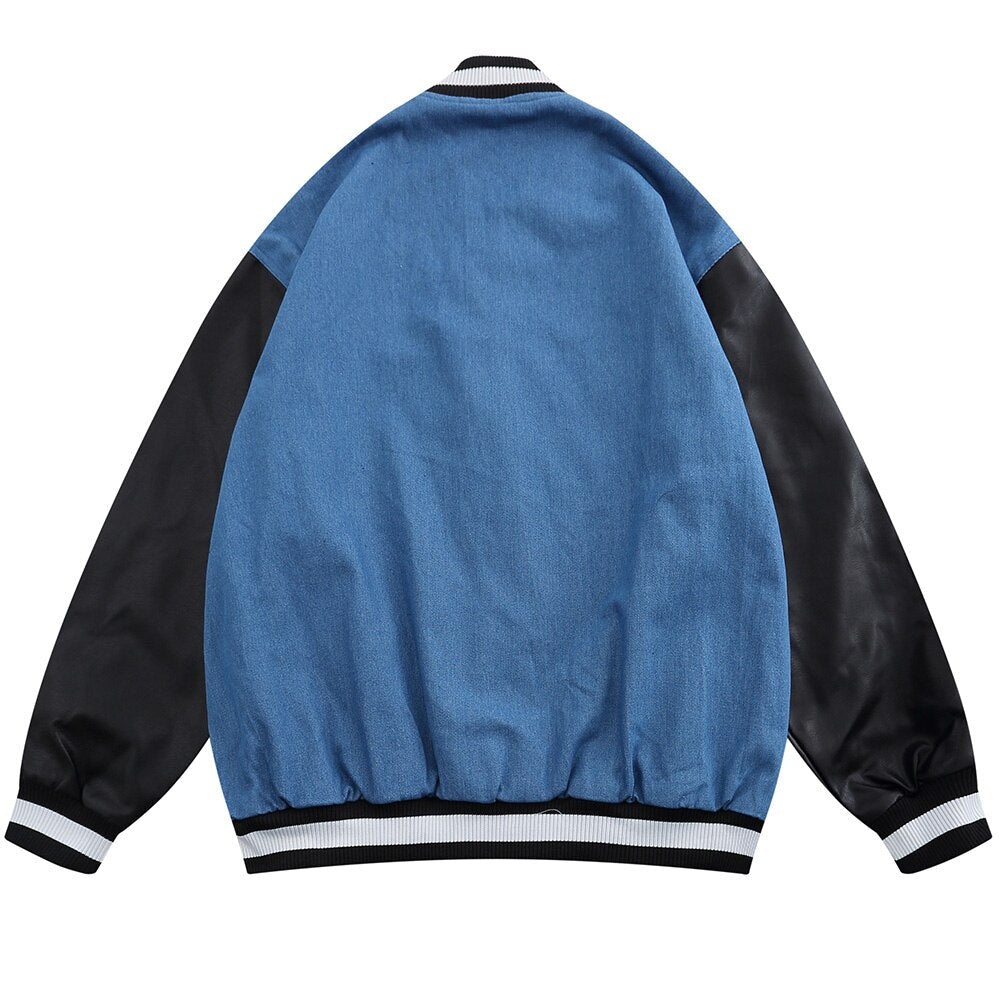 Jacket Men Denim Leather Patchwork Color Letter Embroidery Baggy Fashion High Street Style Baseball Jacket Autumn Coats