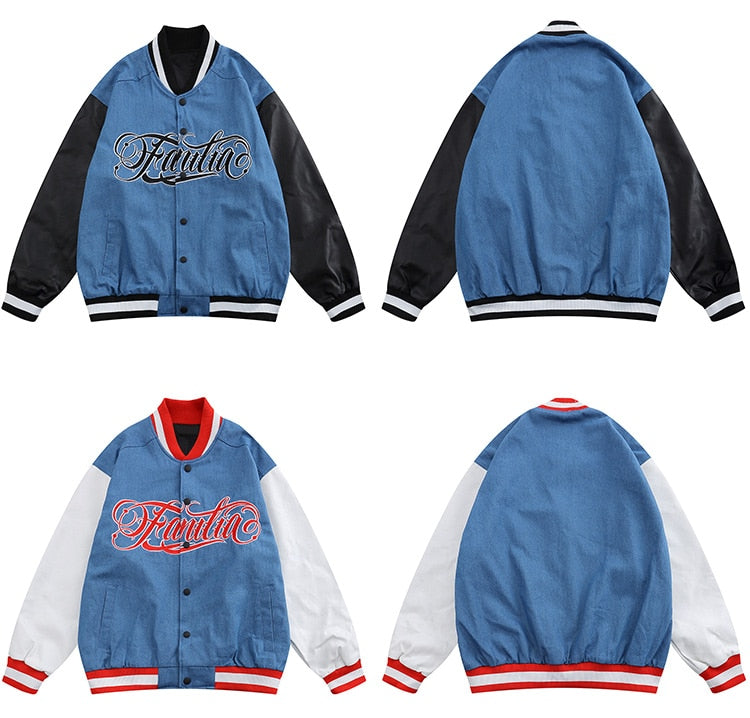 Jacket Men Denim Leather Patchwork Color Letter Embroidery Baggy Fashion High Street Style Baseball Jacket Autumn Coats