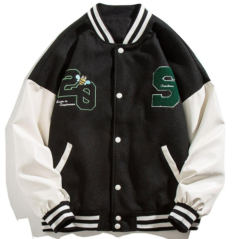 Patchwork Color Animal Letter Embroidery Baseball Jacket Men Bomber Coat Autumn Vintage High Street Harajuku Streetwear