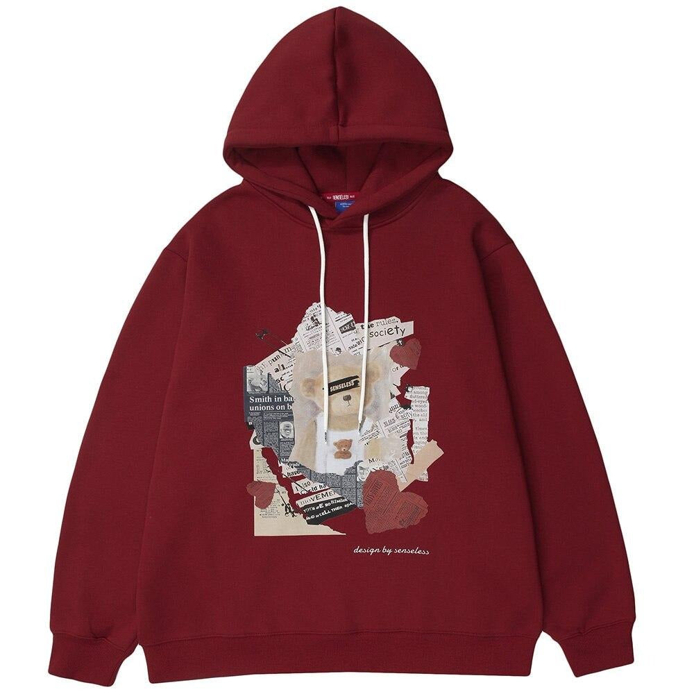 Hoodies Men Tearing Newspaper Cute Bear Print Pullovers High Street Style Hipster Casual Tops Loose Unisex Streetwear