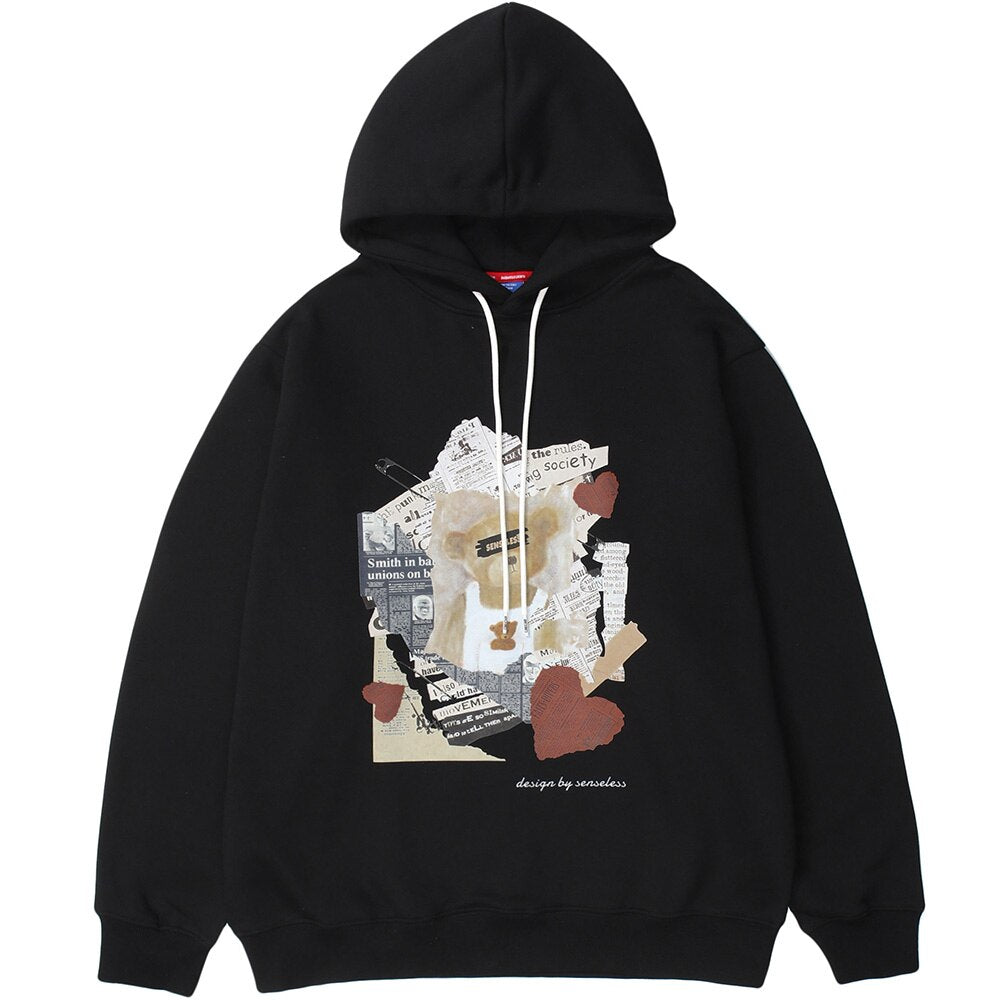 Hoodies Men Tearing Newspaper Cute Bear Print Pullovers High Street Style Hipster Casual Tops Loose Unisex Streetwear