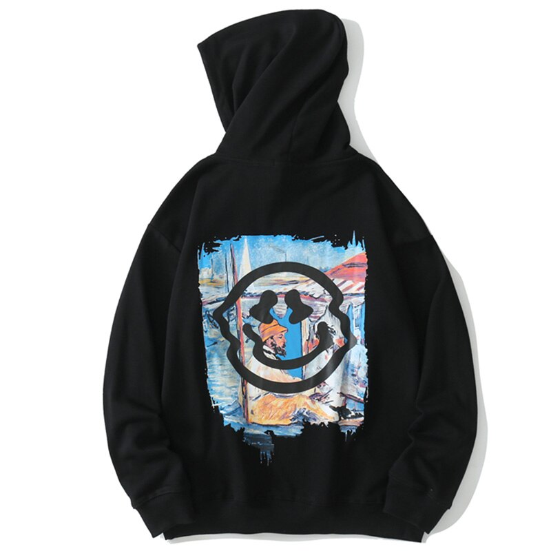 Hoodie Men Colorful Funny Illustration Print Hooded Pullovers Japanese High Street Hipster Sweatshirt Couple Streetwear