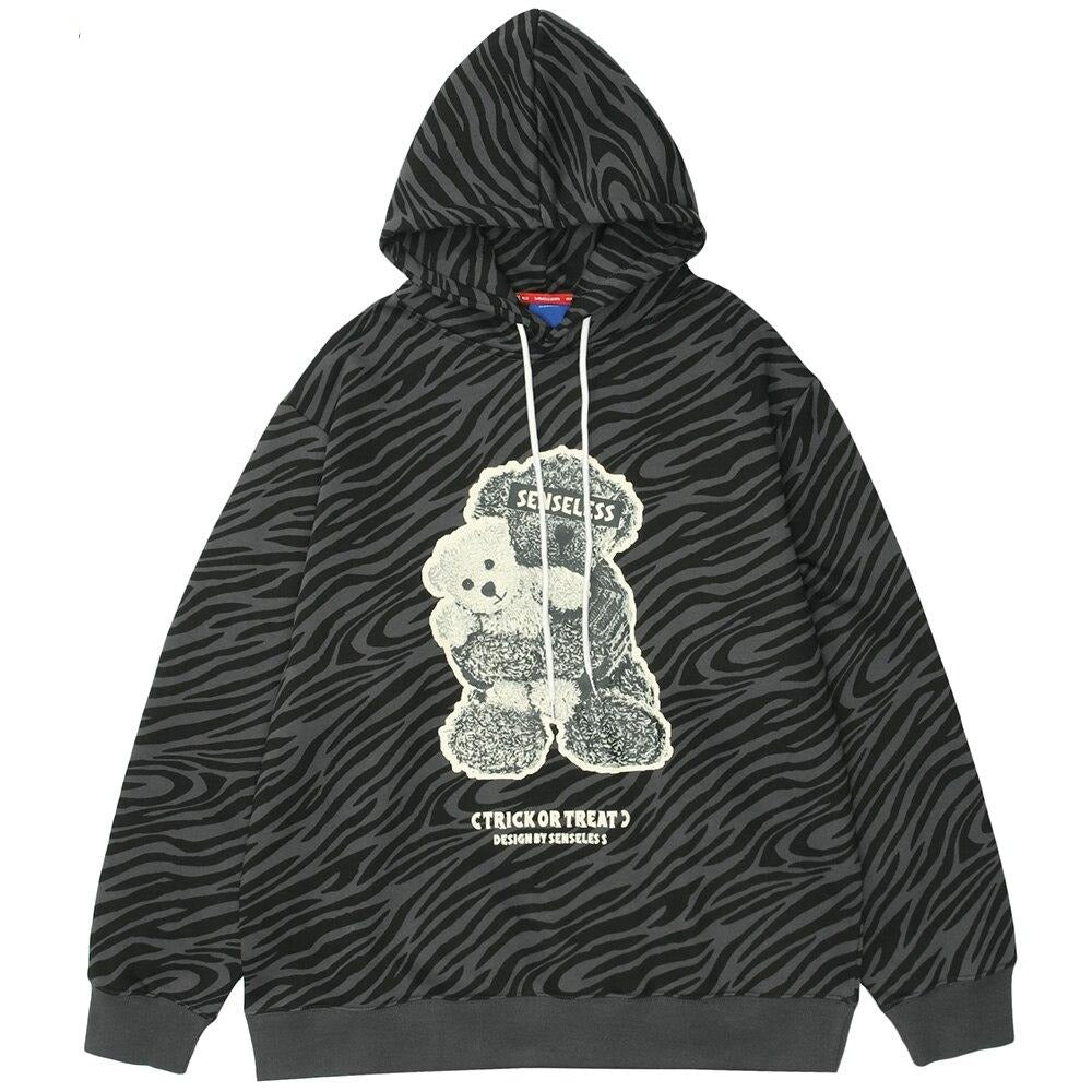 Zebra Striped Furry Cartoon Bear Printed Hoodie Men Vintage Fashion High Street Casual Baggy Pullover Couple Streetwear