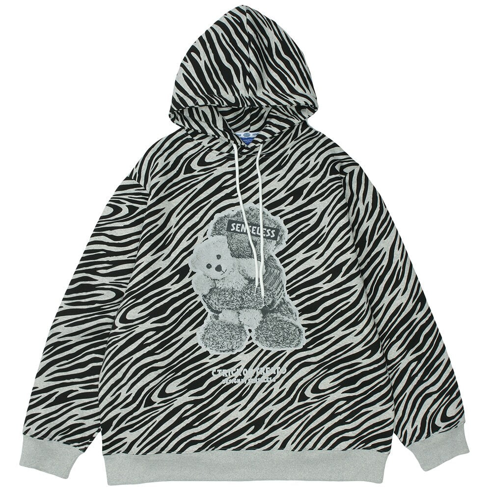 Zebra Striped Furry Cartoon Bear Printed Hoodie Men Vintage Fashion High Street Casual Baggy Pullover Couple Streetwear
