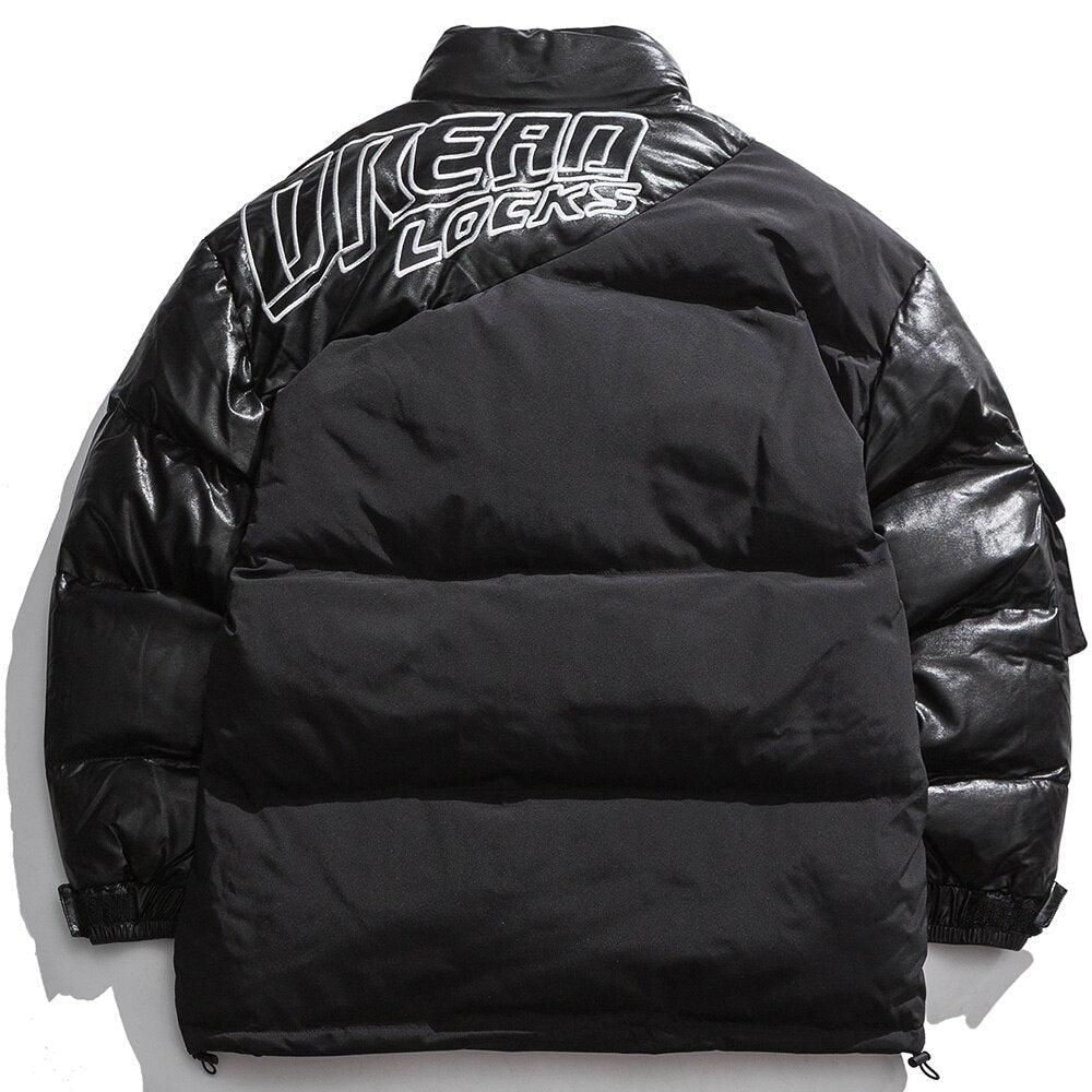 Parka Jacket Men Embroidery Patchwork Pocket Cotton Coat Winter Fashion High Street Cool Warm Cozy Zipper Outwear Black