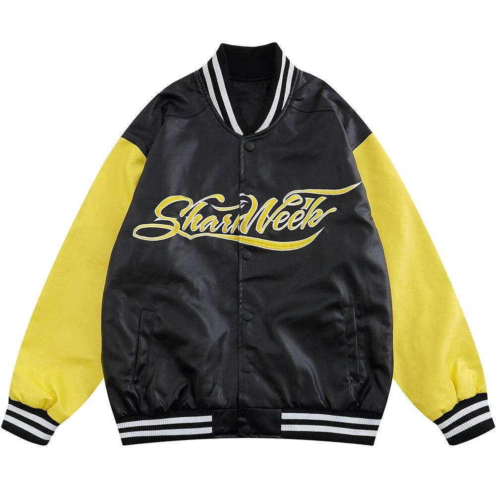 Leather Baseball Jacket Men Patchwork Color Embroidery Casual Oversized Vintage High Street Hipster Bomber Coats Autumn