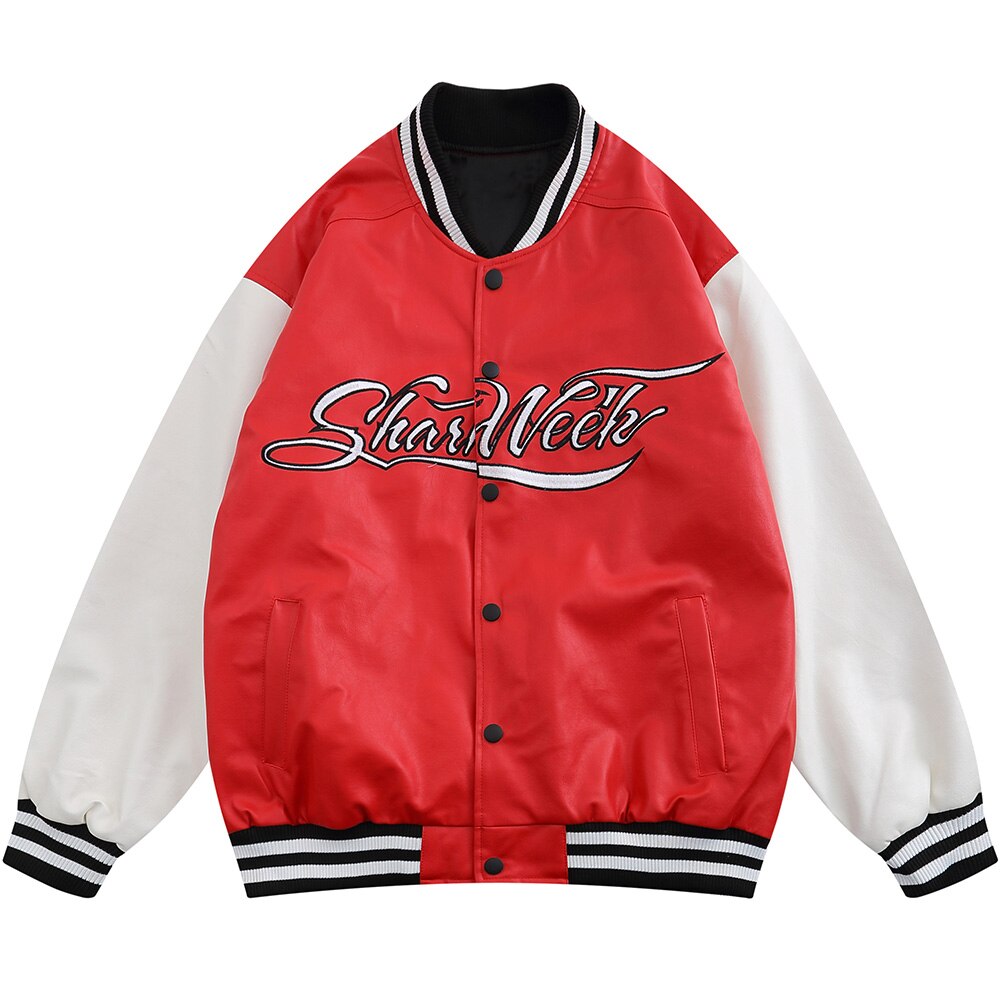 Leather Baseball Jacket Men Patchwork Color Embroidery Casual Oversized Vintage High Street Hipster Bomber Coats Autumn