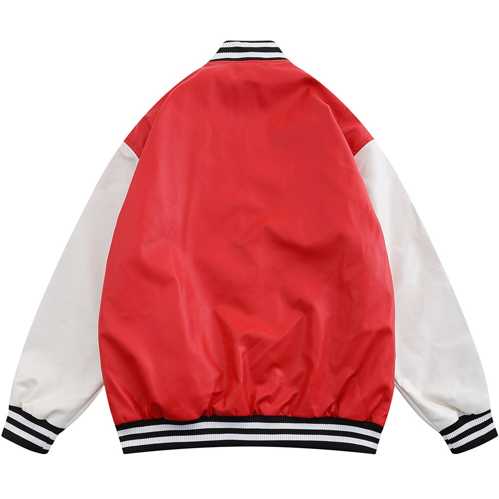 Leather Baseball Jacket Men Patchwork Color Embroidery Casual Oversized Vintage High Street Hipster Bomber Coats Autumn