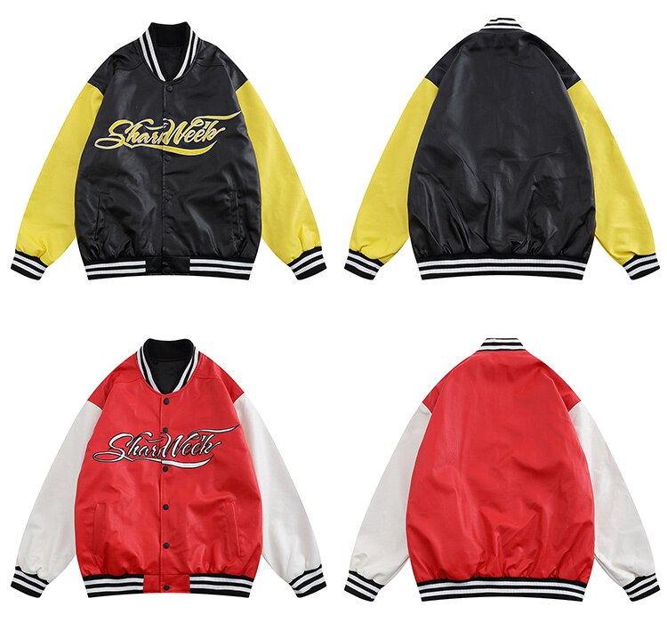 Leather Baseball Jacket Men Patchwork Color Embroidery Casual Oversized Vintage High Street Hipster Bomber Coats Autumn